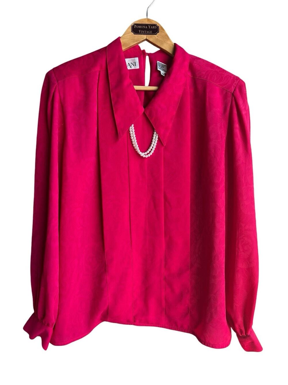 Vintage 80s Women's Hot Pink Satin Long Sleeve Secretary Geek Blouse Size 10